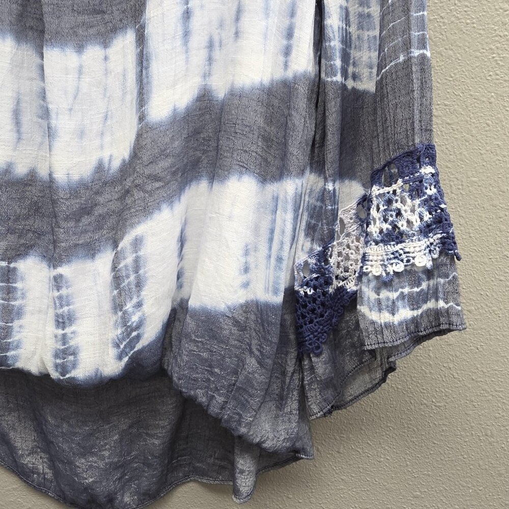 A. Byer Shirt Womens XL Gray Blue Tie Dye Peasant Boho Bell Sleeve Crochet Lined - Picture 3 of 13